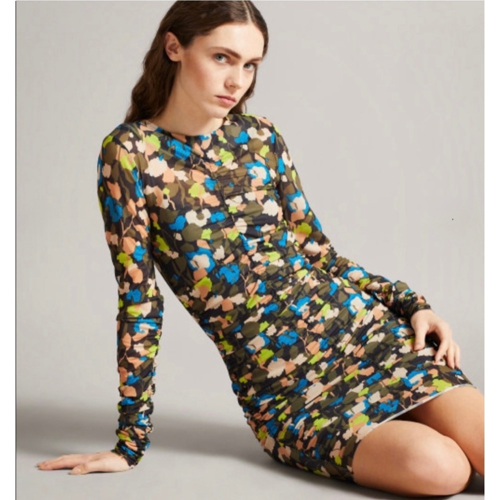 TED BAKER Ttinna Ruched Dress Women Medium Floral Mesh Long Sleeve Bodycon - Picture 2 of 16